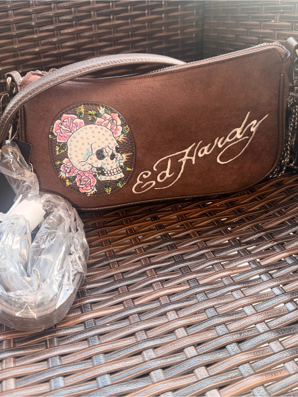 Ed Hardy Brown Crossbody with Embroidered Skull & Roses